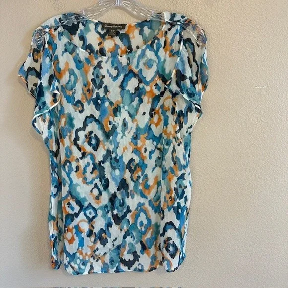 Tommy Bahama Women's Blue Orange White Abstract Print Sheer 100% Silk Blouse SM - Picture 2 of 7